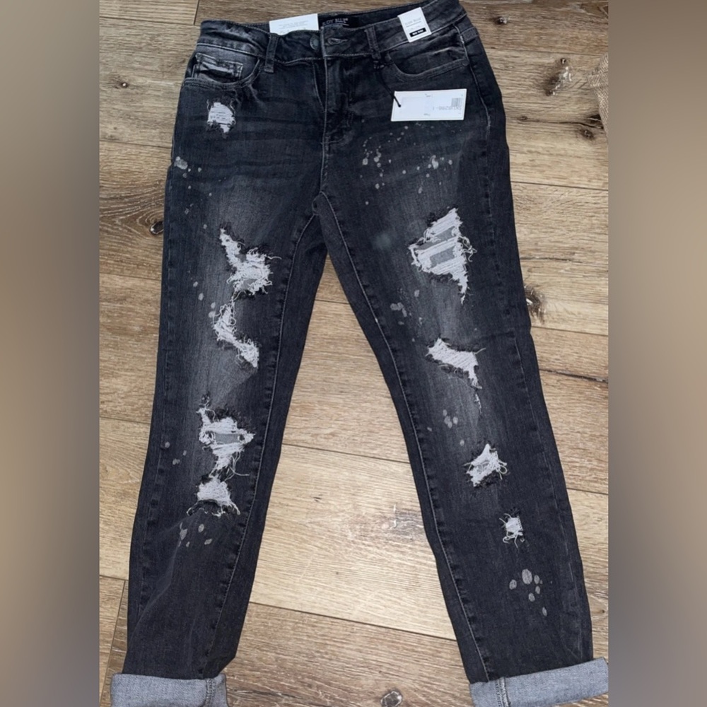 Judy Blue Thrashed Black Distressed Mid Rise Jeans Boyfriend Fit Size 1/25 NWT